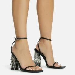 EGO Chalston Square Toe Diamante Tassel Detail Round Block Heel In Black Faux Leather -EGO Sales Store 06 10 22 fw5665 copy