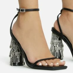 EGO Chalston Square Toe Diamante Tassel Detail Round Block Heel In Black Faux Leather -EGO Sales Store 06 10 22 fw5667 copy