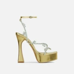 EGO Show-Ahead Clear Perspex Strap Diamante Detail Platform Flared Block Heel In Gold Faux Leather -EGO Sales Store 06 10 22 fw5700 sq