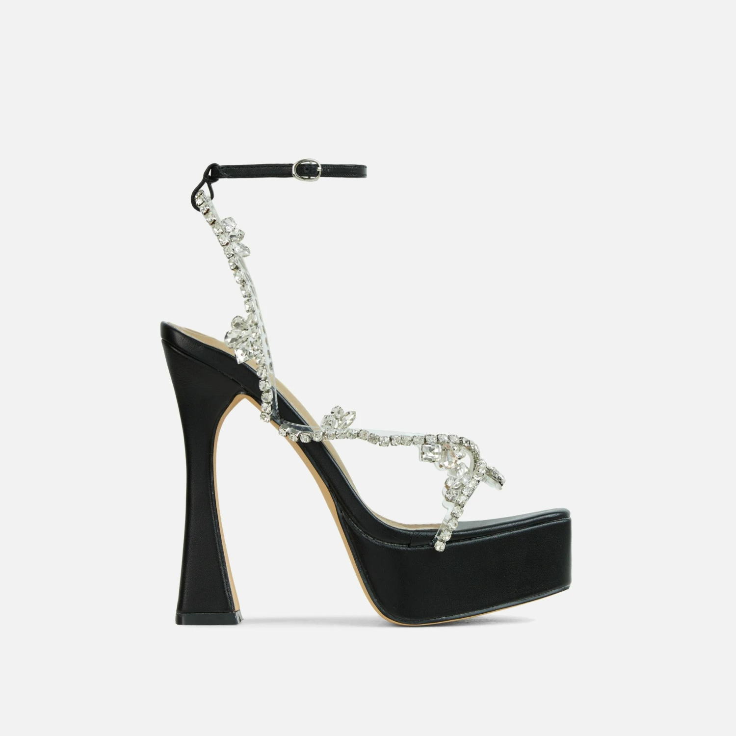 EGO Show-Ahead Clear Perspex Strap Diamante Detail Platform Flared Block Heel In Black Faux Leather 7 EGO Show-Ahead Clear Perspex Strap Diamante Detail Platform Flared Block Heel In Black Faux Leather - Image 5