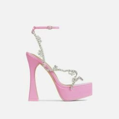 EGO Show-Ahead Clear Perspex Strap Diamante Detail Platform Flared Block Heel In Pink Faux Leather -EGO Sales Store 06 10 22 fw5704 sq
