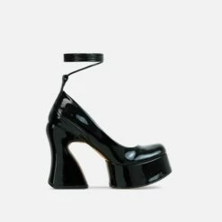 EGO Ahead-Of-The-Curve Lace Up Square Closed Toe Platform Curved Block Heel In Black Patent