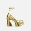 EGO Ahead-Of-The-Curve Lace Up Square Closed Toe Platform Curved Block Heel In Gold Faux Leather -EGO Sales Store 06 10 22 fw5726