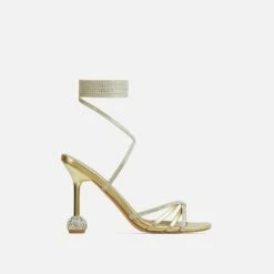 EGO Nightime Lace Up Diamante Detail Statement Heel In Gold Faux Leather