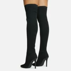 EGO Fierce Pointed Toe Stiletto Heel Over The Knee Thigh High Long Sock Boot In Black Ribbed Knit -EGO Sales Store 06 10 22 fw7677 copy