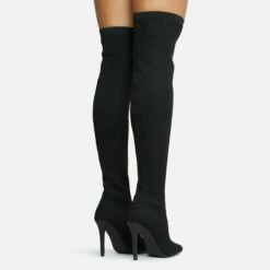 EGO Fierce Pointed Toe Stiletto Heel Over The Knee Thigh High Long Sock Boot In Black Ribbed Knit -EGO Sales Store 06 10 22 fw7678 copy