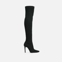 EGO Fierce Pointed Toe Stiletto Heel Over The Knee Thigh High Long Sock Boot In Black Ribbed Knit -EGO Sales Store 06 10 22 fw7679