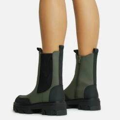 EGO Maddy Rubber Toe Detail Chunky Sole Ankle Chelsea Biker Boot In Green Matte Rubber -EGO Sales Store 06 10 22 fw7753 copy