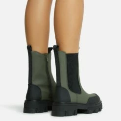 EGO Maddy Rubber Toe Detail Chunky Sole Ankle Chelsea Biker Boot In Green Matte Rubber -EGO Sales Store 06 10 22 fw7754 copy