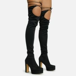 EGO No-Scrubs Lace Up Square Closed Toe Block Heel Over The Knee Thigh High Long Boot In Black Lycra