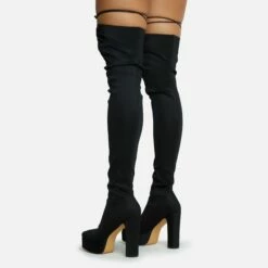 EGO No-Scrubs Lace Up Square Closed Toe Block Heel Over The Knee Thigh High Long Boot In Black Lycra -EGO Sales Store 06 10 22 fw7784 copy