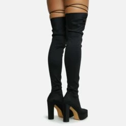 EGO No-Scrubs Lace Up Square Closed Toe Block Heel Over The Knee Thigh High Long Boot In Black Lycra -EGO Sales Store 06 10 22 fw7785 copy