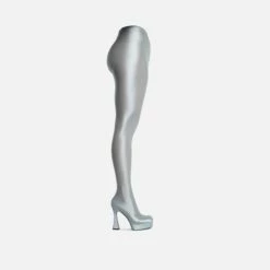 EGO Hypnosis Closed Square Toe Platform Flared Block Heel Long Legging Boot In Silver Lycra -EGO Sales Store 06 10 22 fw7791 sq