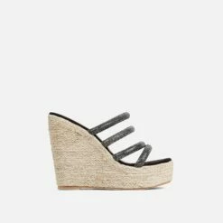 EGO Bali Diamante Strap Detail Woven Platform Wedge Heel Mule In Black Faux Suede -EGO Sales Store 07 03 23 jul67020 sq