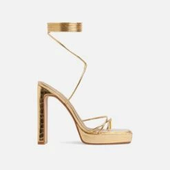 EGO Gemini Strappy Lace Up Square Toe Platform Thin Block Heel In Gold Croc Print Faux Leather -EGO Sales Store 07 09 212959