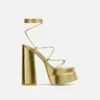 EGO Mika Lace Up Knotted Strap Detail Square Toe Platform Block Heel In Gold Faux Leather -EGO Sales Store 07 10 22 fw5718