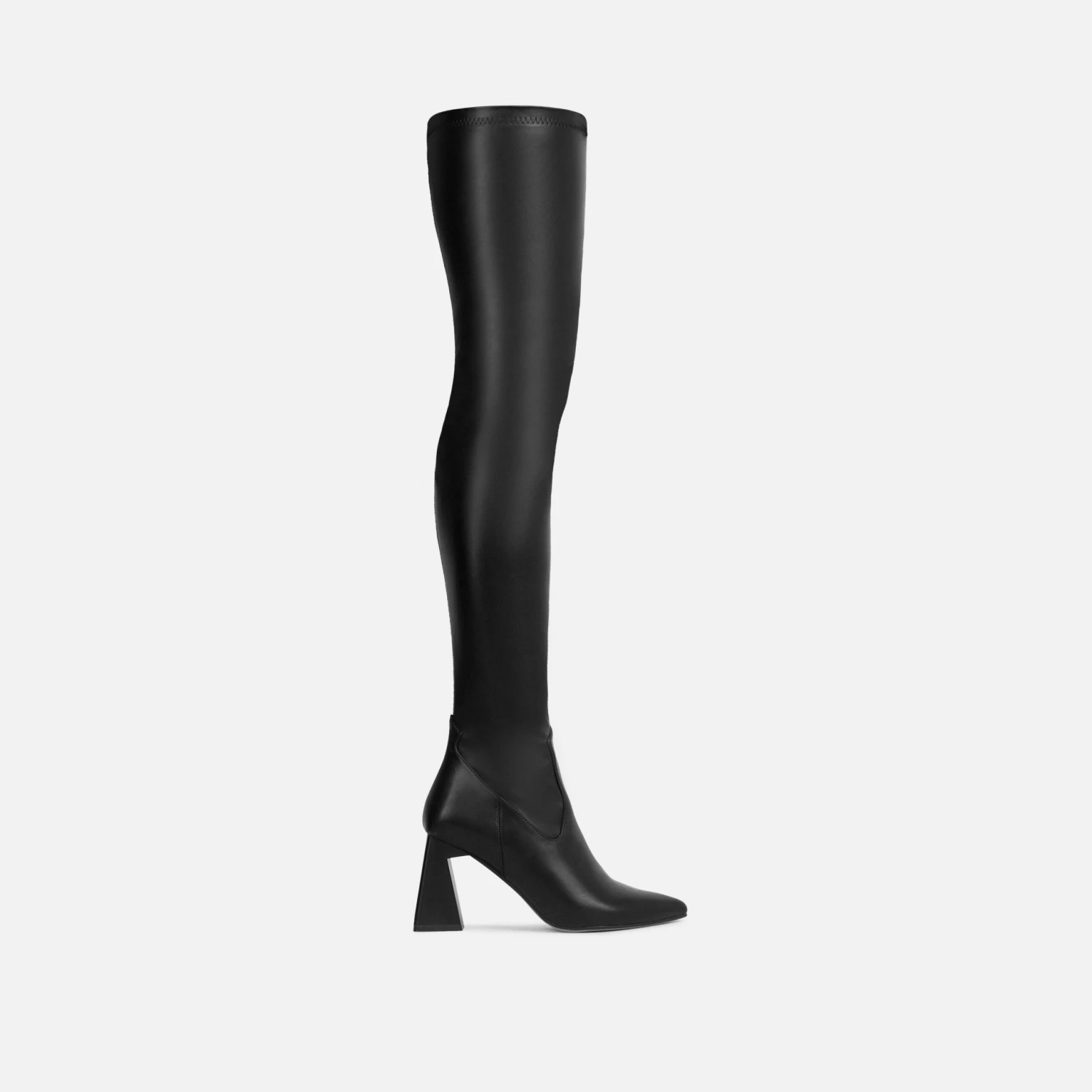 EGO No-Questions Pointed Toe Statement Block Heel Over The Knee Thigh High Long Boot In Black Faux Leather 7 EGO No-Questions Pointed Toe Statement Block Heel Over The Knee Thigh High Long Boot In Black Faux Leather - Image 5
