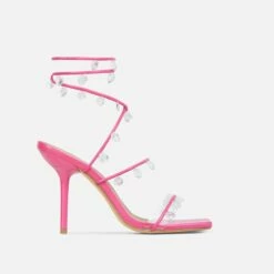 EGO Charmed Lace Up Clear Gem Detail Square Toe Stiletto Heel In Pink Faux Leather -EGO Sales Store 0a2261 blk12968