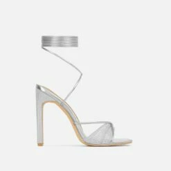 EGO Keep-Dancing Lace Up Diamante Detail Square Toe Thin Block Heel In Silver Faux Leather -EGO Sales Store 0a2261 blk12976