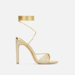 EGO Keep-Dancing Lace Up Diamante Detail Square Toe Thin Block Heel In Gold Faux Leather -EGO Sales Store 0a2261 blk12978