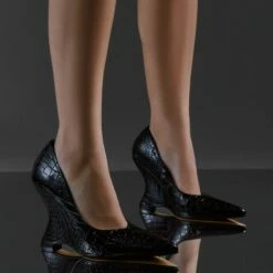 EGO In-Your-Soul Pointed Toe Cut Out Wedge Court Heel In Black Croc Print Faux Leather -EGO Sales Store 10 01 23 em46144 s2