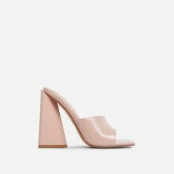 EGO Avalon Square Peep Toe Sculptured Flared Block Heel Mule In Nude Patent