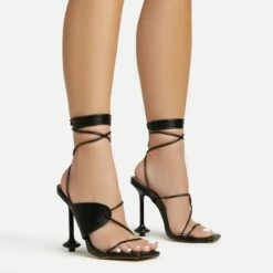 EGO Empty-Love Lace Up Strappy Detail Square Toe Statement Heel In Black Faux Leather
