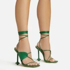EGO Empty-Love Lace Up Strappy Detail Square Toe Statement Heel In Green Faux Leather