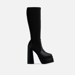 EGO Dede Platform Block Heel Knee High Long Sock Boot In Black Faux Leather -EGO Sales Store 12 08 210246
