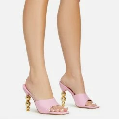 Front Page 25 EGO Orbital Square Peep Toe Statement Metallic Heel Mule In Pink Linen