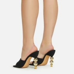 EGO Orbital Square Peep Toe Statement Metallic Heel Mule In Black Linen -EGO Sales Store 15 02 23 fw58879 sq