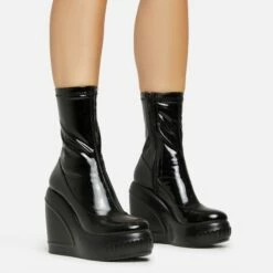 EGO Super-Nova Platform Wedge Ankle Sock Boot In Black Patent -EGO Sales Store 15 02 23 fw58893 sq