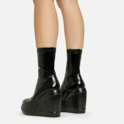 EGO Super-Nova Platform Wedge Ankle Sock Boot In Black Patent -EGO Sales Store 15 02 23 fw58895 sq