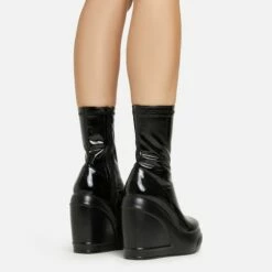 EGO Super-Nova Platform Wedge Ankle Sock Boot In Black Patent -EGO Sales Store 15 02 23 fw58896 sq