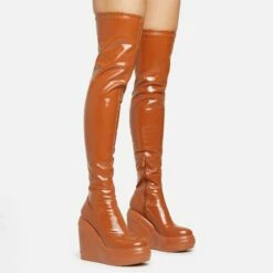 EGO New-Utopia Platform Wedge Over The Knee Thigh High Long Boot In Tan Brown Patent -EGO Sales Store 15 02 23 fw58925 sq