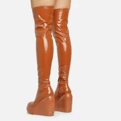 EGO New-Utopia Platform Wedge Over The Knee Thigh High Long Boot In Tan Brown Patent -EGO Sales Store 15 02 23 fw58927 sq