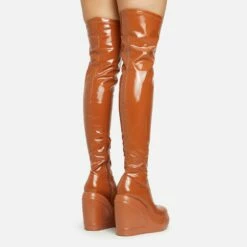 EGO New-Utopia Platform Wedge Over The Knee Thigh High Long Boot In Tan Brown Patent -EGO Sales Store 15 02 23 fw58928 sq