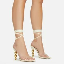 EGO Rose-Rouge Lace Up Clear Perspex Strap Square Toe Statement Metallic Heel In Beige Linen