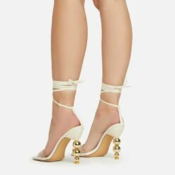 EGO Rose-Rouge Lace Up Clear Perspex Strap Square Toe Statement Metallic Heel In Beige Linen -EGO Sales Store 15 02 23 fw58932 sq