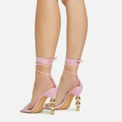 EGO Rose-Rouge Lace Up Clear Perspex Strap Square Toe Statement Metallic Heel In Pink Linen -EGO Sales Store 15 02 23 fw58936 sq