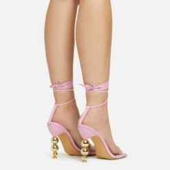 EGO Rose-Rouge Lace Up Clear Perspex Strap Square Toe Statement Metallic Heel In Pink Linen -EGO Sales Store 15 02 23 fw58937 sq
