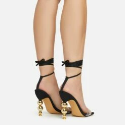 EGO Rose-Rouge Lace Up Clear Perspex Strap Square Toe Statement Metallic Heel In Black Linen -EGO Sales Store 15 02 23 fw58941 sq
