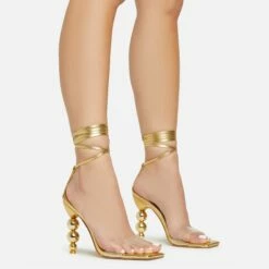 EGO Rose-Rouge Lace Up Clear Perspex Strap Square Toe Statement Metallic Heel In Gold Faux Leather