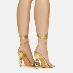 EGO Rose-Rouge Lace Up Clear Perspex Strap Square Toe Statement Metallic Heel In Gold Faux Leather -EGO Sales Store 15 02 23 fw58945 sq