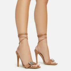 EGO Get-In-Loser Lace Up Buckle Detail Square Toe Stiletto Heel In Dark Nude Faux Leather