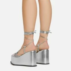 EGO Bubblegum Lace Up Knotted Strap Detail Platform Wedge Heel In Silver Metallic Faux Leather -EGO Sales Store 15 02 23 fw58988 1 sq