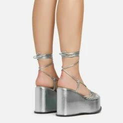 EGO Bubblegum Lace Up Knotted Strap Detail Platform Wedge Heel In Silver Metallic Faux Leather -EGO Sales Store 15 02 23 fw58989 1 sq