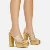 EGO Disco-Girl Diamante Detail Clear Perspex Strap Peep Toe Platform Block Heel Mule In Gold Faux Leather -EGO Sales Store 15 02 23 fw59031 s
