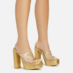 EGO Disco-Girl Diamante Detail Clear Perspex Strap Peep Toe Platform Block Heel Mule In Gold Faux Leather