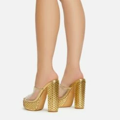 EGO Disco-Girl Diamante Detail Clear Perspex Strap Peep Toe Platform Block Heel Mule In Gold Faux Leather -EGO Sales Store 15 02 23 fw59033 sb